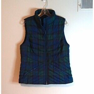 Talbots Down Insulated Plaid Vest Sz M Womens Blue Green Full Zip Pockets